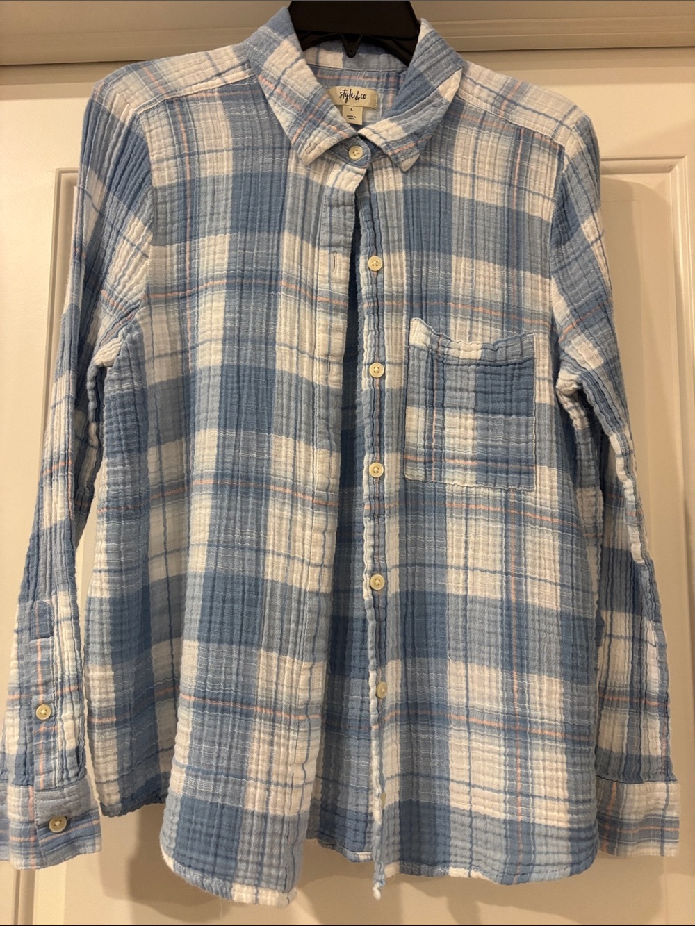 Light Blue and White Plaid Button-Up Shirt - Casual Women's Shirt